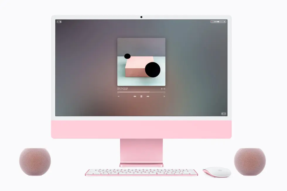 Tveir HomePod mini 2 sem hátalarar fyrir iMac